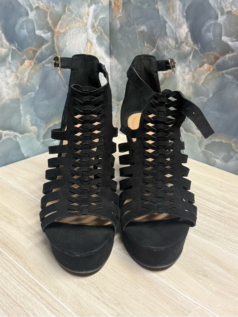 Charlotte Russe Black Strappy Woven Platform Heels